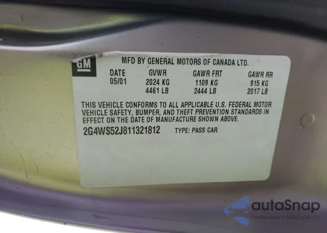 2001 Buick Century Custom z USA, uszkodzony, nr VIN 2G4WS52J811321812